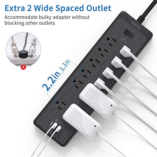 Flat Plug Extension Cord 25 Ft, NTONPOWER Surge Protector Power Strip with 12 Outlets(2 Widely Space) 3 USB, Overload Protection Switch, 2100 Joules, Wall Mount for Home Office and Workbench, Black