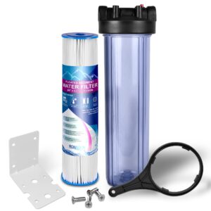 whole house water filter system, transparent 20 x 4.5" housing, presser relief button, 1” inlet/outlet brass port & 5 mic pleated washable sediment cartridge meets nsf standards & regulations (20”)