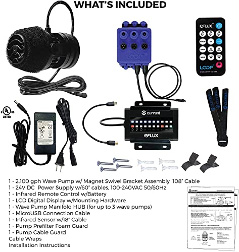 CURRENT USA 2100 GPH eFlux Wave Maker Pump Kit (6002) | Magnetic DC Powerhead with LED Display Controller for Saltwater Tank, 420-2100 GPH Aquarium Water Circulation Pump 30 to 125 Gallon, Black