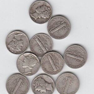 1916 to 1945 PDS Mercury Dimes - Set of 10 Coins - All Full date - All Full Rim - Dime US Mint - Grades VG and better