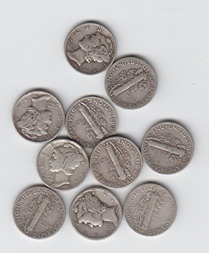 1916 to 1945 PDS Mercury Dimes - Set of 10 Coins - All Full date - All Full Rim - Dime US Mint - Grades VG and better