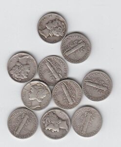 1916 to 1945 pds mercury dimes - set of 10 coins - all full date - all full rim - dime us mint - grades vg and better