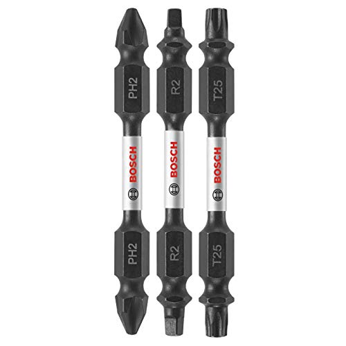 BOSCH ITDEV2503 3-Piece 2-1/2 In. Impact Tough Screwdriving Double-Ended Screwdriving Bits Mixed Set Including PH2, SQ2, T25 Bits