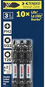 BOSCH ITDEV2503 3-Piece 2-1/2 In. Impact Tough Screwdriving Double-Ended Screwdriving Bits Mixed Set Including PH2, SQ2, T25 Bits