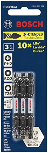 BOSCH ITDEV2503 3-Piece 2-1/2 In. Impact Tough Screwdriving Double-Ended Screwdriving Bits Mixed Set Including PH2, SQ2, T25 Bits
