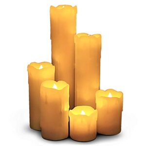 led lytes timer candles set of 6, 2" wide, 2"- 9" tall, dripping wax affect and amber flame, led christmas candles flickering, wax candles for holiday home decor and wedding decor sets