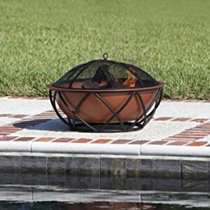 Fire Sense 62241 Fire Pit Barzelonia Copper-Look Wood Burning Lightweight Portable Outdoor Firepit Backyard Fireplace Camping Bonfire Included Screen Lift Tool & Cooking Grate - Round - 26"