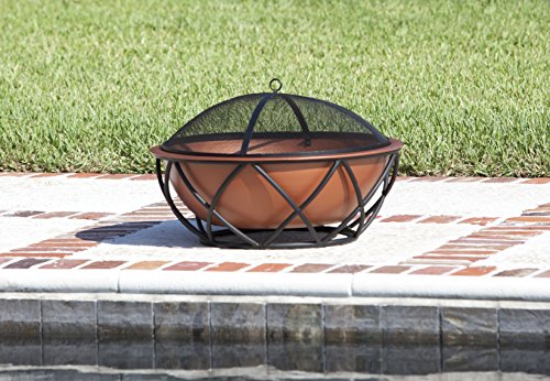 Fire Sense 62241 Fire Pit Barzelonia Copper-Look Wood Burning Lightweight Portable Outdoor Firepit Backyard Fireplace Camping Bonfire Included Screen Lift Tool & Cooking Grate - Round - 26"