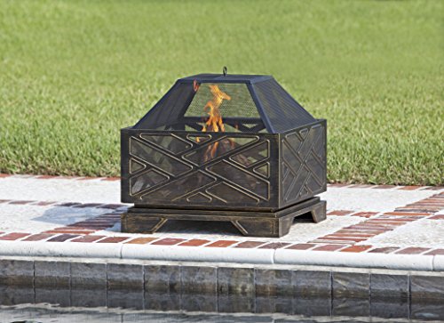 Fire Sense 62239 Fire Pit Catalano Wood Burning Lightweight Portable Outdoor Firepit Backyard Fireplace for Camping Bonfire Included Screen Lift Tool & Cooking Grate - Square - Antique Bronze Finish