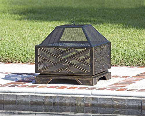 Fire Sense 62239 Fire Pit Catalano Wood Burning Lightweight Portable Outdoor Firepit Backyard Fireplace for Camping Bonfire Included Screen Lift Tool & Cooking Grate - Square - Antique Bronze Finish