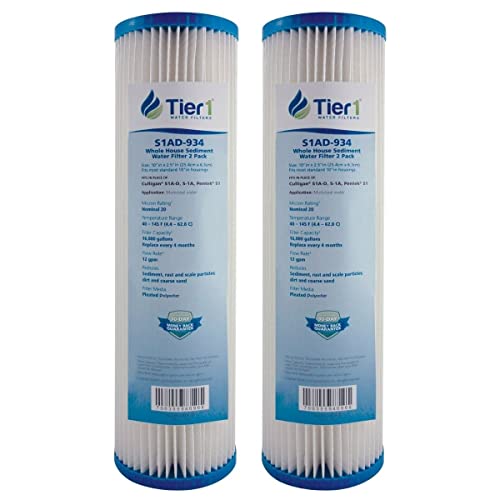 Tier1 20 Micron 10 Inch x 2.5 Inch | 2-Pack Pleated Cellulose Whole House Sediment Water Filter Replacement Cartridge | Compatible with American Plumber W20CLA, GE FXWPC, S1A-D, Home Water Filter