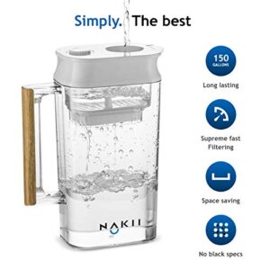 Nakii Water Filter Pitcher - Long Lasting 150 Gallons, Supreme Fast Filtration and Purification Technology, Removes Chlorine, Metals & Fluoride for Clean Tasting Drinking Water, WQA Certified,