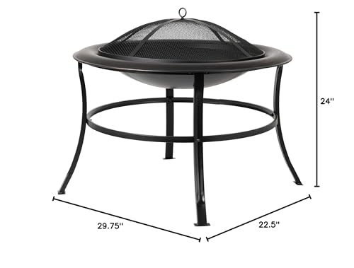 Fire Sense 62237 Fire Pit Tokia Steel Wood Burning Lightweight Portable Outdoor Firepit Rounded Lip & Curved Legs Included Wood Grate & Screen Lift Tool - 30" Round - Black