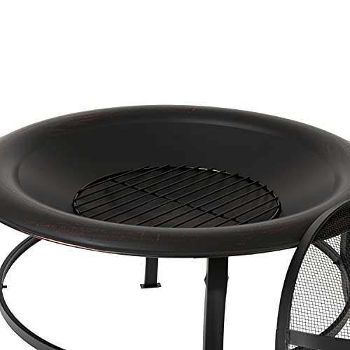 Fire Sense 62237 Fire Pit Tokia Steel Wood Burning Lightweight Portable Outdoor Firepit Rounded Lip & Curved Legs Included Wood Grate & Screen Lift Tool - 30" Round - Black