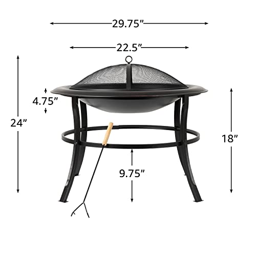 Fire Sense 62237 Fire Pit Tokia Steel Wood Burning Lightweight Portable Outdoor Firepit Rounded Lip & Curved Legs Included Wood Grate & Screen Lift Tool - 30" Round - Black