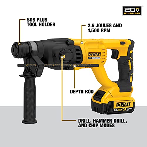 DEWALT 20V MAX* XR Rotary Hammer Drill Kit, D-Handle, 1-Inch (DCH133M2)