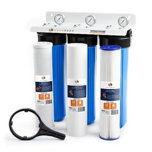 aquaboon 3-stage whole house water filter system w/wrench, iron white coated bracket & pressure gauges & release buttons (1" port) - w/Сto & pp polypropylene & pleated sediment water filter cartridges