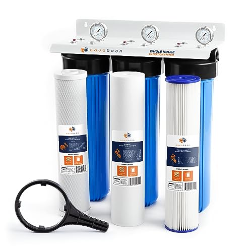 Aquaboon 3-Stage Whole House Water Filter System w/Wrench, Iron White Coated Bracket & Pressure Gauges & Release Buttons (1" Port) - w/СTO & PP Polypropylene & Pleated Sediment Water Filter Cartridges