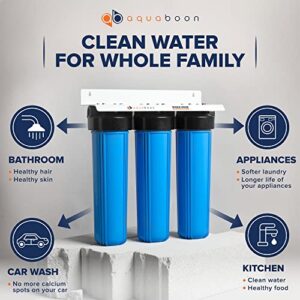 Aquaboon 3-Stage Whole House Water Filter System w/Wrench, Iron White Coated Bracket & Pressure Gauges & Release Buttons (1" Port) - w/СTO & PP Polypropylene & Pleated Sediment Water Filter Cartridges