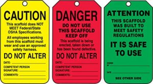 accuform "danger/caution/attention", pack of 25 pf-cardstock scaffold status tag, legend, 5.75" x 3.25", black on green/yellow/red, tss200ctp
