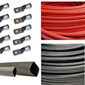 2 Gauge 2 AWG 25 Feet Red + 25 Feet Black Welding Battery Pure Copper Flexible Cable + 10pcs of 3/8" Tinned Copper Cable Lug Terminal Connectors + 3 Feet Black Heat Shrink Tubing