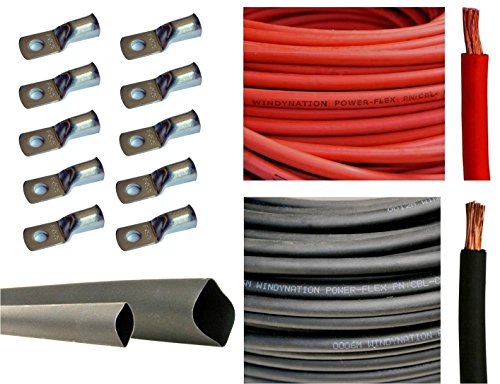 2 Gauge 2 AWG 25 Feet Red + 25 Feet Black Welding Battery Pure Copper Flexible Cable + 10pcs of 3/8" Tinned Copper Cable Lug Terminal Connectors + 3 Feet Black Heat Shrink Tubing