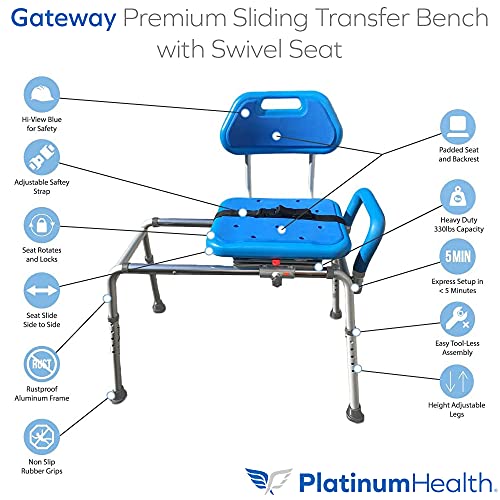 Gateway Premium Sliding Bath Transfer Bench with Swivel Seat-Padded (Blue)