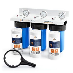 aquaboon 3-stage whole house water filter system w/wrench, iron white coated bracket & pressure gauges & release buttons (1" port) - w/10"x 4,5" Сto filter & 2 pcs pp polypropylene sediment filters