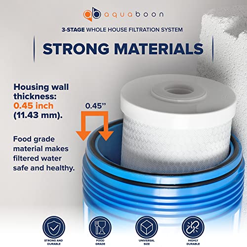 Aquaboon 3-Stage Whole House Water Filter System w/Wrench, Iron White Coated Bracket & Pressure Gauges & Release Buttons (1" Port) - w/10"x 4,5" СTO Filter & 2 pcs PP Polypropylene Sediment Filters