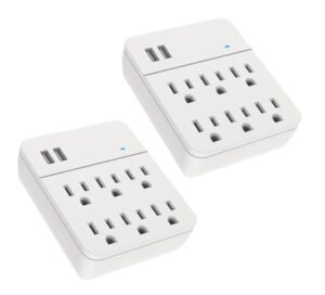 6 outlet extender surge protector wall mount adapter with dual 3.1a usb charging ports,oviitech multi plug outlets,6 ac socket outlet splitter,450 joules surge suppression,white, etl certified（2 pack）