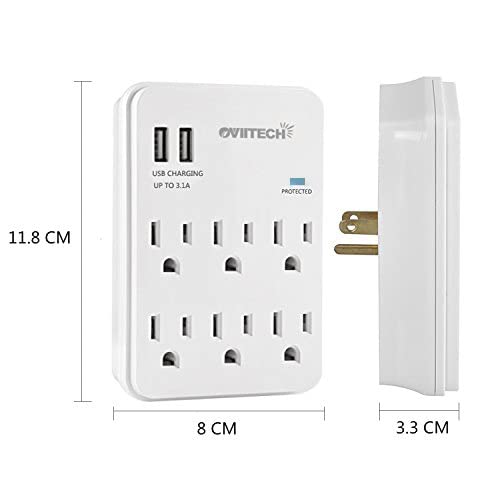 6 Outlet Extender Surge Protector Wall Mount Adapter with Dual 3.1A USB Charging Ports,Oviitech Multi Plug Outlets,6 AC Socket Outlet Splitter,450 Joules Surge Suppression,White, ETL Certified（2 Pack）