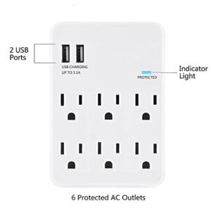 6 Outlet Extender Surge Protector Wall Mount Adapter with Dual 3.1A USB Charging Ports,Oviitech Multi Plug Outlets,6 AC Socket Outlet Splitter,450 Joules Surge Suppression,White, ETL Certified（2 Pack）