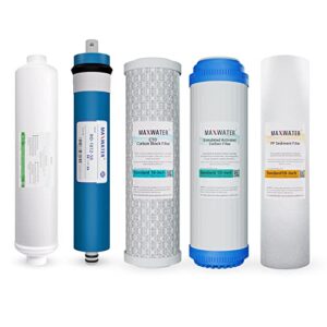 max water replacement filter set for standard 5 stage reverse osmosis water filter system 50 gpd ro membrane filters - 6 month - 10 inch standard size water filters sediment, gac , cto, ro membrane