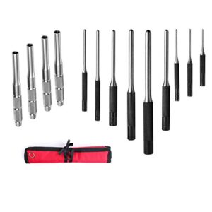 9 pieces roll pin punch set and 4 pieces hollow end starter punch tool with carry case for repairing or servicing equipment, machines, and vehicles