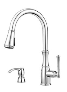 pfister wheaton kitchen faucet with pull down sprayer and soap dispenser, single handle, high arc, polished chrome finish, gt529wh1c