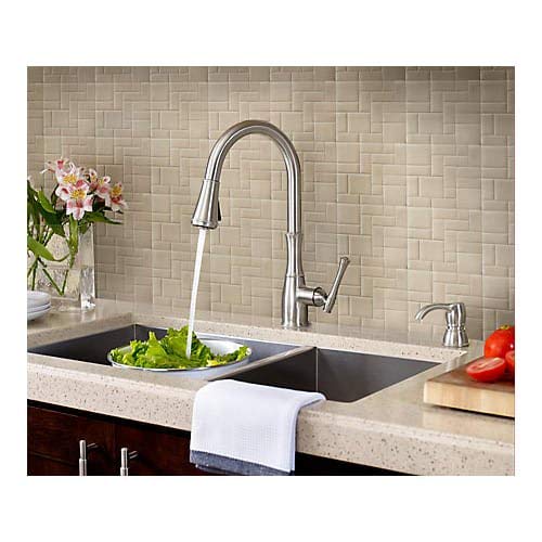 Pfister Wheaton Kitchen Faucet with Pull Down Sprayer and Soap Dispenser, Single Handle, High Arc, Polished Chrome Finish, GT529WH1C