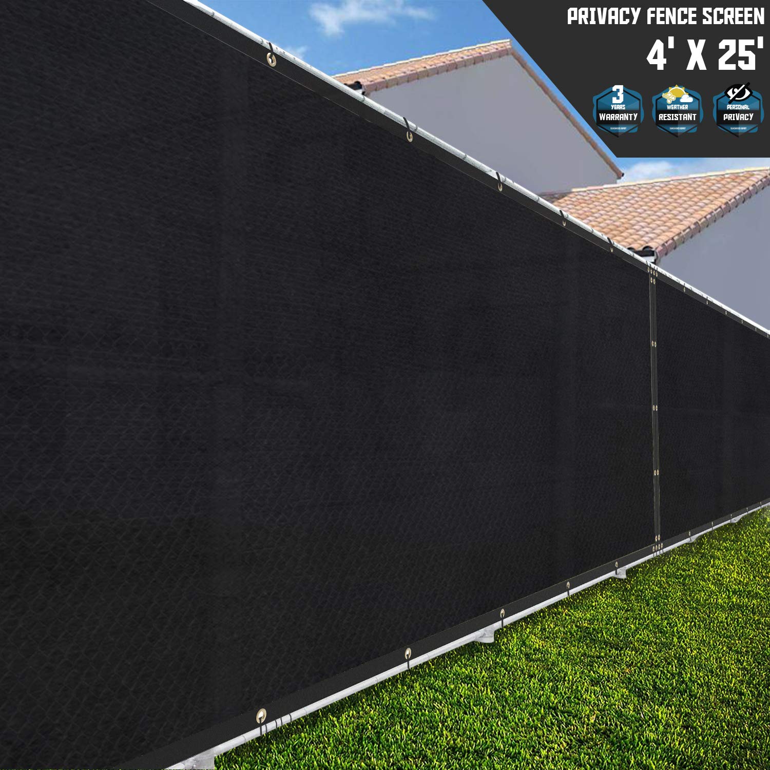 TANG Sunshades Depot Privacy Fence Screen Black 4' x 25' Heavy Duty Commercial Windscreen Residential Netting Fence Cover 150 GSM 88% Blockage with Excellent Airflow 3 Years Warranty