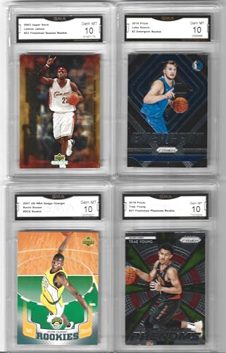 GEM MINT LEBRON JAMES LUKA DONCIC KEVIN DURANT & TRAE YOUNG 4 CARD ROOKIE LOT UD & PANINI GRADED GMA GEM MINT 10 NBA SUPERSTARS