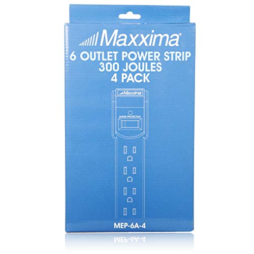 Maxxima 6 Outlet Power Strip Surge Protector - 300 Joules, Features Red On/Off Switch, 4 Pack, Powers Multiple Electronics and Devices Simultaneously, Perfect for Home Appliances - White