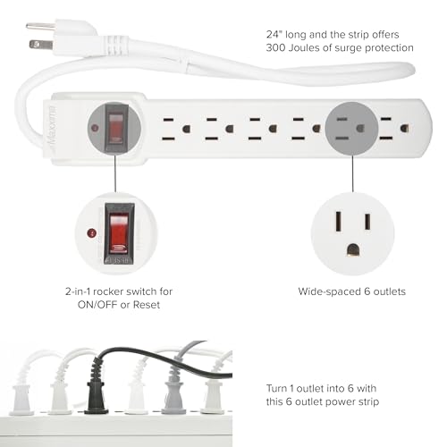 Maxxima 6 Outlet Power Strip Surge Protector - 300 Joules, Features Red On/Off Switch, 4 Pack, Powers Multiple Electronics and Devices Simultaneously, Perfect for Home Appliances - White