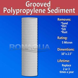 Grooved Sediment Water Filter Cartridge by Ronaqua 10"x 2.5", Four Layers of Filtration, Removes Sand, Dirt, Silt, Rust, made from Polypropylene (25 Pack, 5 Micron)