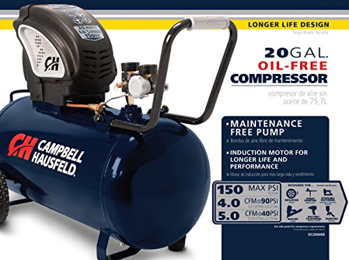 Air Compressor, Portable, Horizontal, 20 Gallon, Oil-Free, 4 CFM @ 90 PSI, 150 PSI (Campbell Hausfeld DC200000),Blue