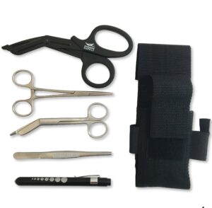 madison supply - emt and first responder medical tool kit: adjustable nylon belt pouch, premium first aid gear: emt shears, 5.75" bandage scissors, 5.75" forceps, 6" hemostat, and pupil light