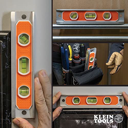 Klein Tools 935R Level, 9-Inch Magnetic Aluminum Torpedo Level with 0/45/90 Degree Vials and V-groove, Tapered Nose