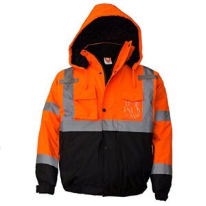 new york hi-viz workwear wj9011-l men's ansi class 3 high visibility bomber safety jacket, waterproof (large, orange)