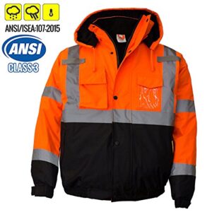 New York Hi-Viz Workwear WJ9011-L Men's ANSI Class 3 High Visibility Bomber Safety Jacket, Waterproof (Large, Orange)