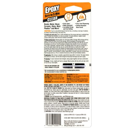 Gorilla 2 Part Epoxy, 5 Minute Set, .85 Ounce Syringe, Clear, (Pack of 2)