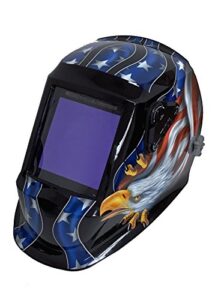 instapark adf series gx990t solar powered auto darkening welding helmet with 4 optical sensors, 3.94" x 3.86" viewing area and adjustable shade range #5 - #13 american eagle
