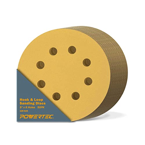 POWERTEC 44012G-50 5 Inch 8 Hole Hook and Loop Sanding Discs, 120 Grit, 50 PK, Sandpaper for Ramdom Orbital Sanders, Air Sander, Pneumatic Sander, Auto Body Shop