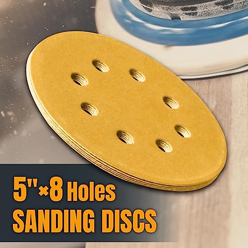 POWERTEC 44012G-50 5 Inch 8 Hole Hook and Loop Sanding Discs, 120 Grit, 50 PK, Sandpaper for Ramdom Orbital Sanders, Air Sander, Pneumatic Sander, Auto Body Shop